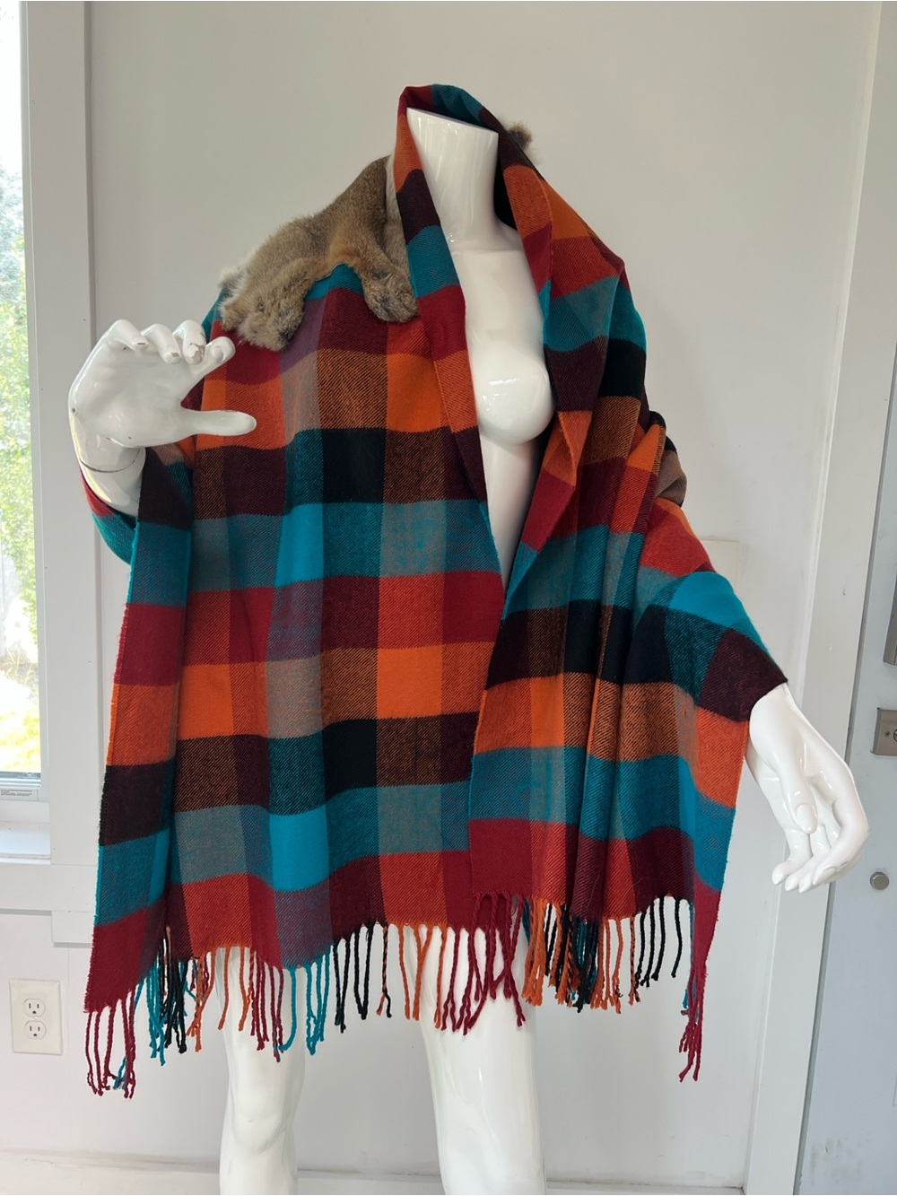 Plaid blanket scarf  with rabbit fur 33”x73” prairie farmhouse Shawl